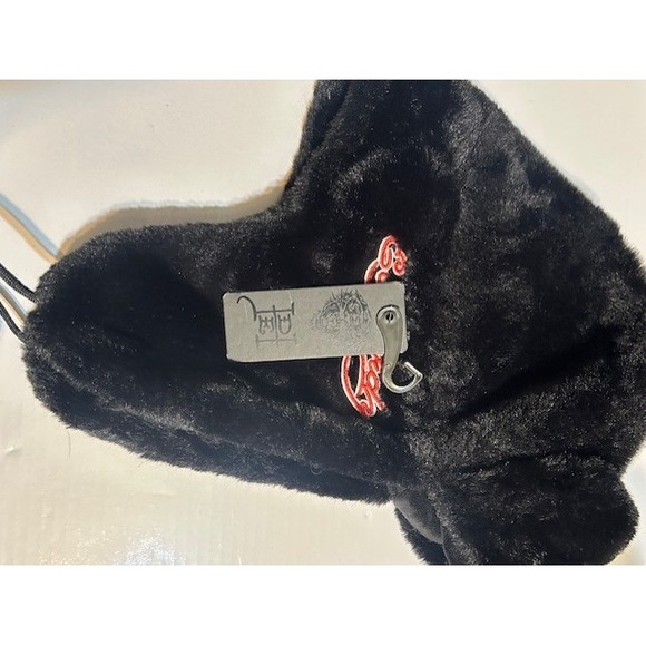 NWT Ed Hardy Unisex Trapper Hat Black Faux Fur Pompoms Graphic Love Kills Skull - Picture 6 of 7